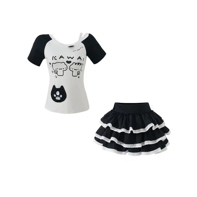 花山家的猫 日系可爱印花短袖辣妹修身显瘦上衣蕾丝边拼接蛋糕蓬蓬裙裙装套装 女款