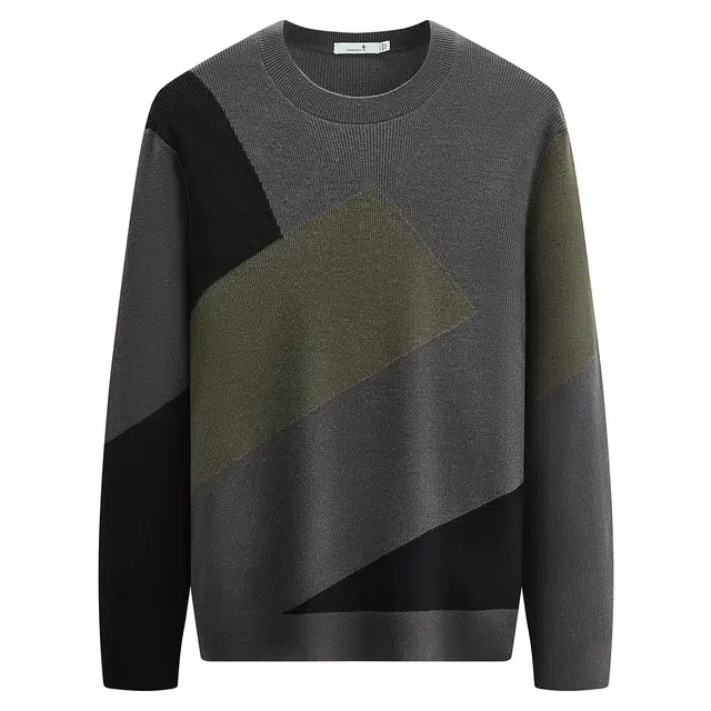 与狼共舞 羊毛亲肤超柔软高街时尚个性撞色拼接保暖舒适圆领套头毛衣 男款