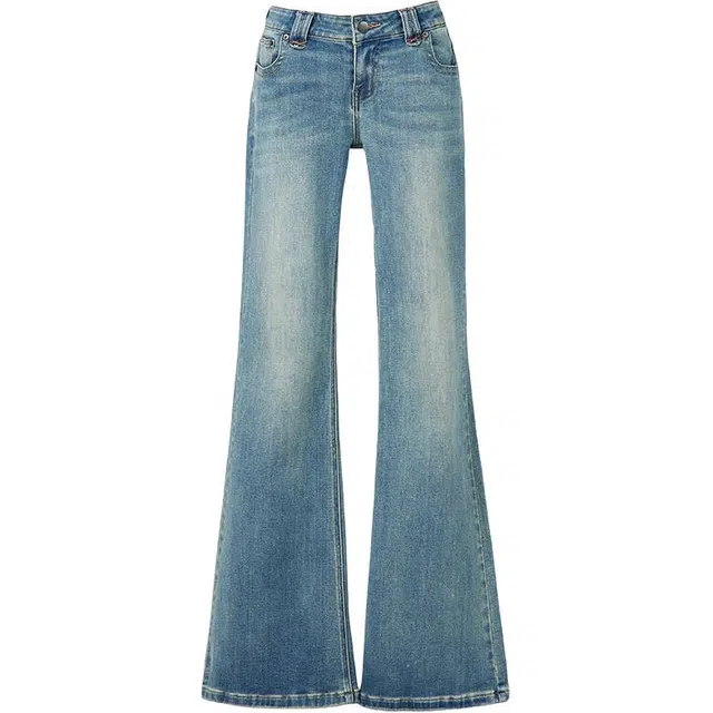 如续 如续低腰复古微弹力做旧洗水纹微喇裤腰臀比翻盖设计喇叭裤牛仔裤 女款