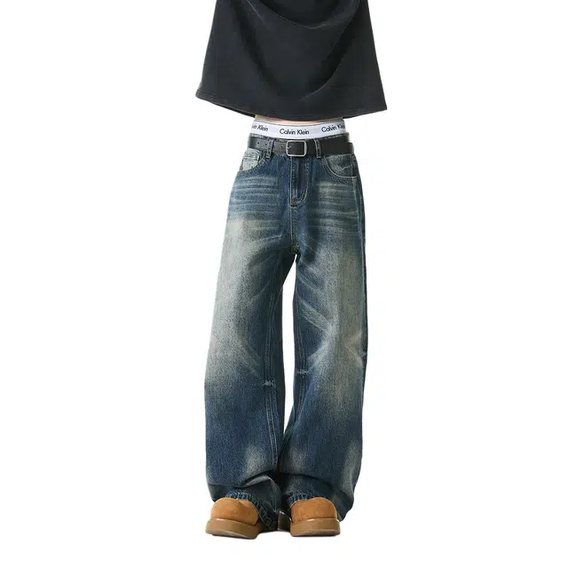 佐菲利 美式复古做旧直筒垂感显瘦小个子低腰阔腿裤子牛仔裤 男女同款