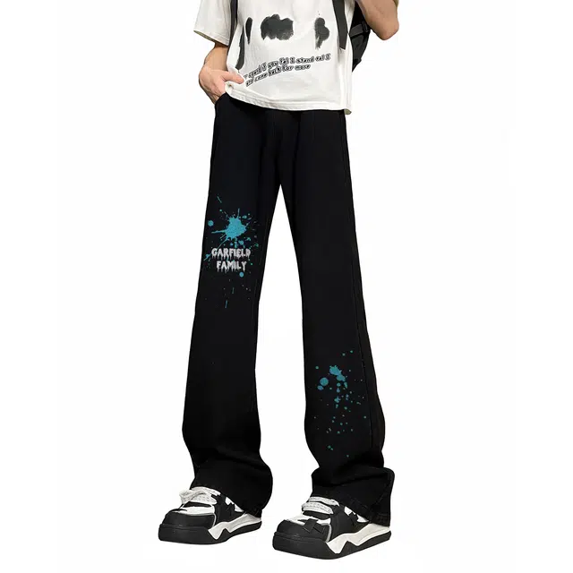 加菲猫家族 美式高街微喇泼墨字母复古做旧宽松个性潮流时尚显高显瘦百搭垂坠柔软字母印花牛仔裤 男女同款