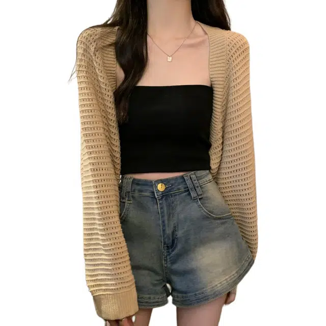 思蓓儿 秋季韩版宽松镂空短款开衫长袖防晒上衣外搭外套女针织衫 女款