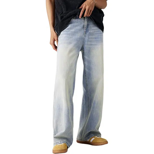 潮人榜 美式复古直筒休闲长裤男士宽松春夏款立体猫须马骝水洗牛仔裤男 男女同款