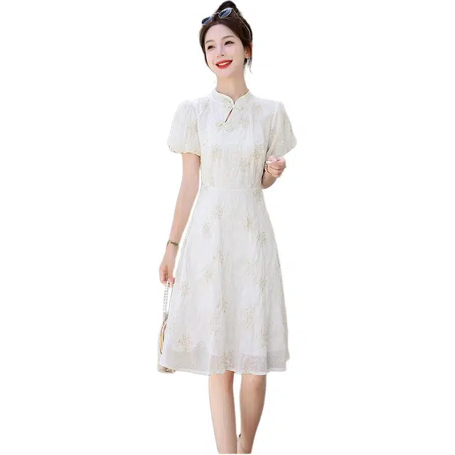 缪斯的诱惑 改良旗袍蕾丝夏季优雅气质雪纺金线提花长裙短袖连衣裙 女款