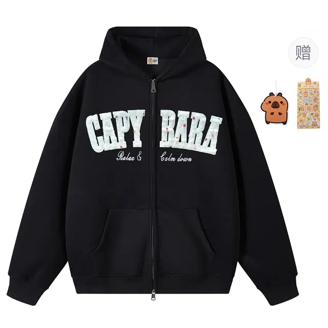 卡皮巴拉小黄豚 美式高街潮牌贴布刺绣字母时尚高级复古嘻哈街头学生宽松落肩休闲纯棉舒适透气开衫连帽卫衣 男女同款