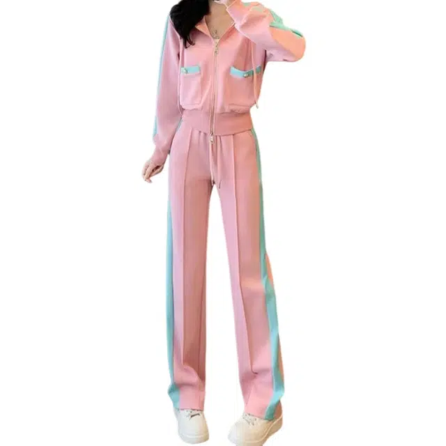 丝絮丝绸 时尚洋气减龄连帽撞色外套上衣窄版直筒裤两件套休闲套装 女款