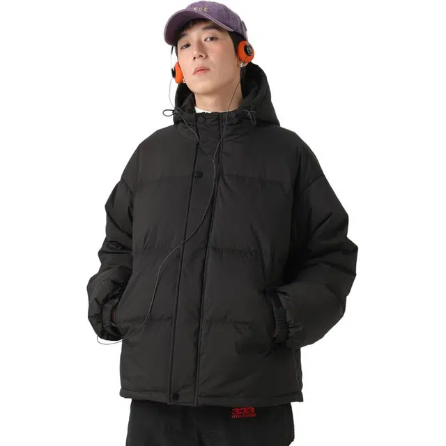 美式复古简约保暖连帽百搭上衣外套羽绒服 男款