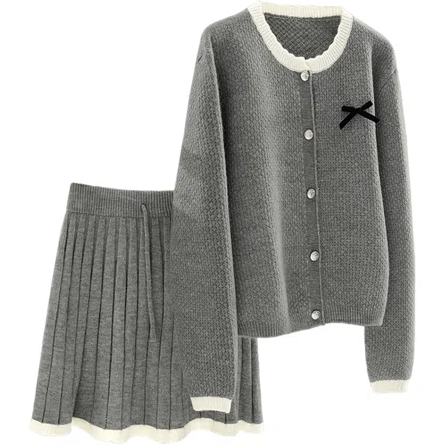 丝柏舍 撞色花边圆领立体蝴蝶结单排扣长袖针织衫搭短款半身裙宽松减龄两件套休闲套装 女款