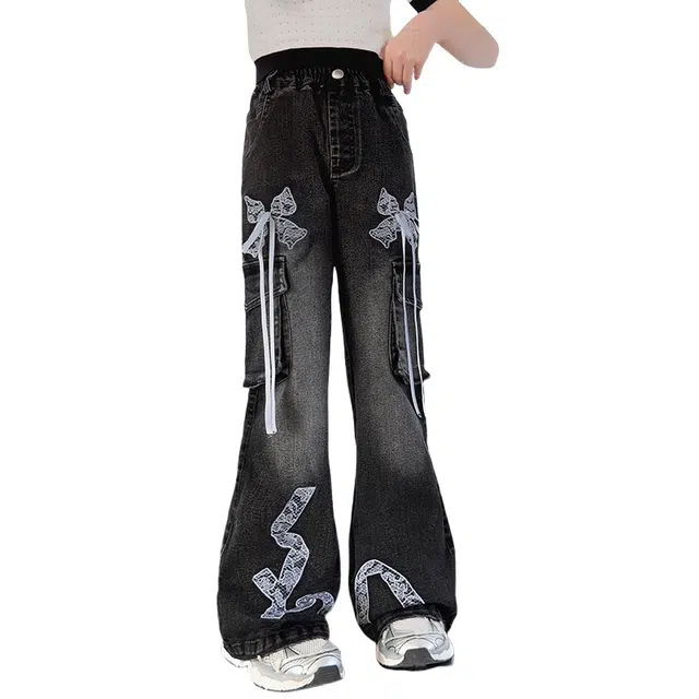 帕兰朵牛仔裤 潮流时尚百搭休闲运动洋气刺绣蝴蝶结喇叭裤 青少年