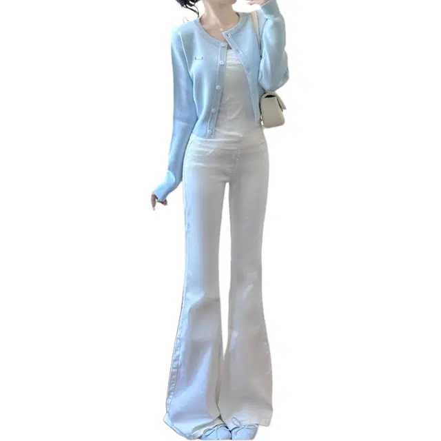 沐晓欣 秋装搭配一整套韩系针织开衫上衣喇叭牛仔裤休闲套装 女款