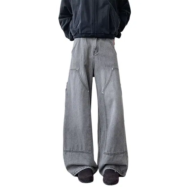 佐菲利 美式铆钉工装水洗做旧复古潮流高街宽松直筒阔腿裤子牛仔裤 男女同款