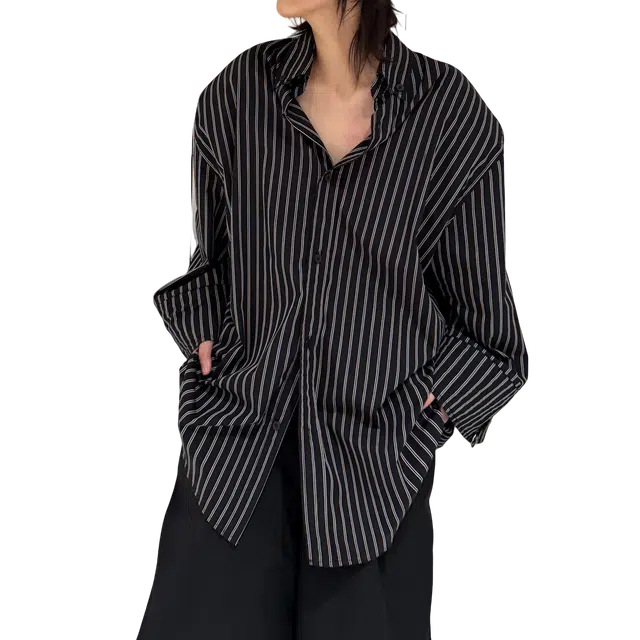 冈哉 美式潮流个性单排扣垂感凉感透气时尚竖条纹简约舒适基础款痞帅衬衣慵懒感外套长袖上衣宽松翻领纽扣衬衫 男女同款