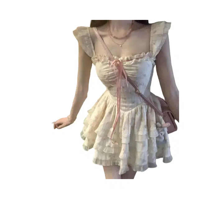 望莱仕 爆款甜美碎花方领系带夏季小飞袖小个子蛋糕显瘦气质高级感 短袖连衣裙 女款