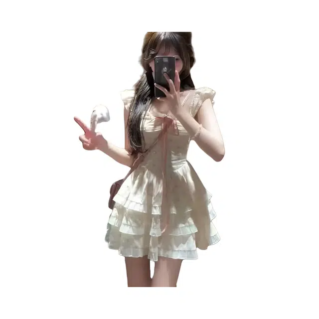 望莱仕 爆款甜美碎花方领系带夏季小飞袖小个子蛋糕显瘦气质高级感 短袖连衣裙 女款