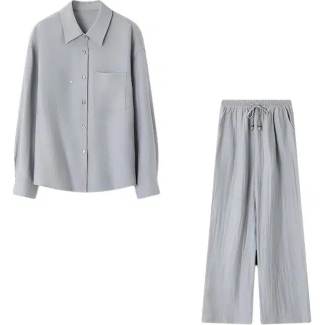 潞优野 法式设计通用呼吸感轻氧两件套老钱风含麻衬衫阔腿裤简约慵懒风宽松垂感十足百搭时尚秋季休闲套装 女款