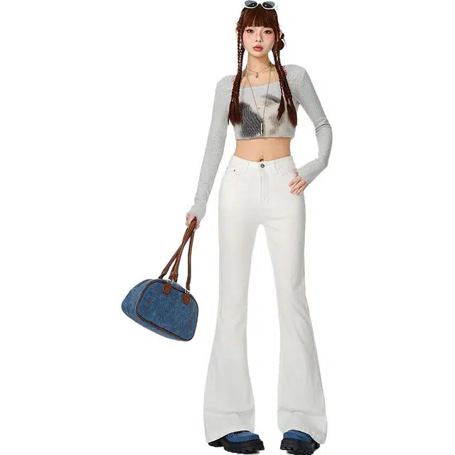 拾籍 美式复古时尚潮流高腰显瘦修身显高微喇弹力百搭通勤马蹄喇叭裤子牛仔裤 女款