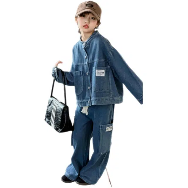 比比我休闲运动套装   女童春秋季牛仔 百搭设计 大童潮牌小孩衣服 小女孩长袖洋气时髦 舒适帅气轻便
