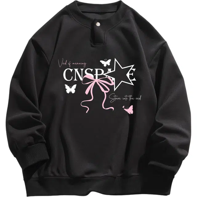 中国航天 美式高街蝴蝶星星创意字母印花基础款柔软舒适耐磨透气圆领套头宽松休闲经典百搭通勤时尚情侣长袖卫衣 男女同款