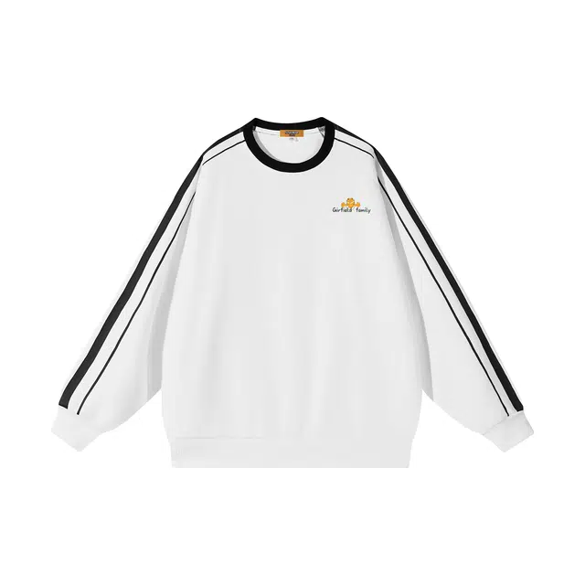 加菲猫家族  美式高街复古创意字母加菲猫卡通印花落肩长袖条纹设计两条杠潮流运动宽松休闲通勤百搭无性别主义无帽圆领套头卫衣 男女同款