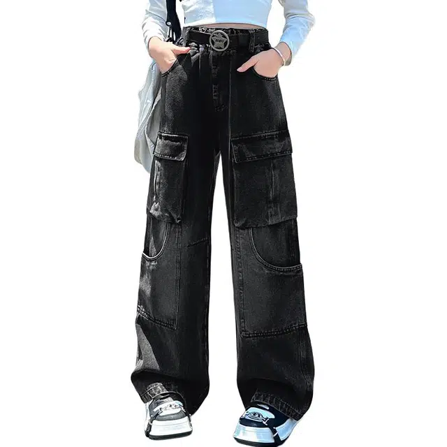 帕兰朵牛仔裤 女童工装裤春秋阔腿裤洋气女孩长裤 青少年