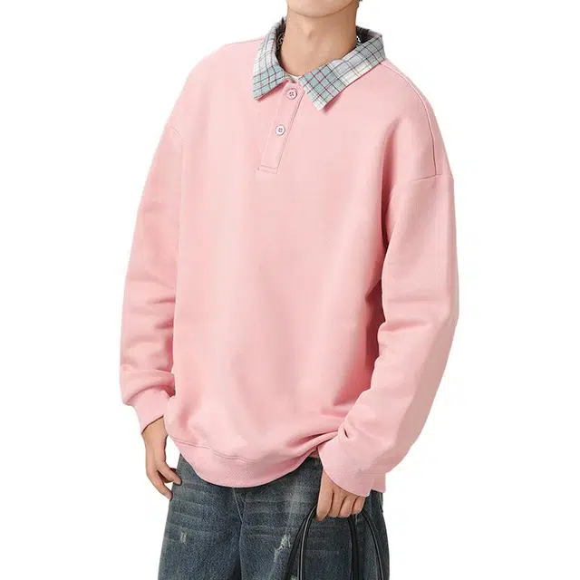 羽浅 潮流美式街头休闲宽松格子翻领上衣时尚百搭假两件学生衣服春秋季套头卫衣 男款
