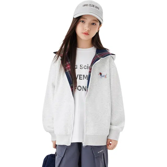 左西卫衣 格子拼接防风耐磨连帽拉链 中小童