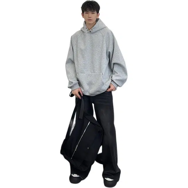 地界二 灰色连帽男生秋季美式复古外套重磅硬挺上衣卫衣 男女同款