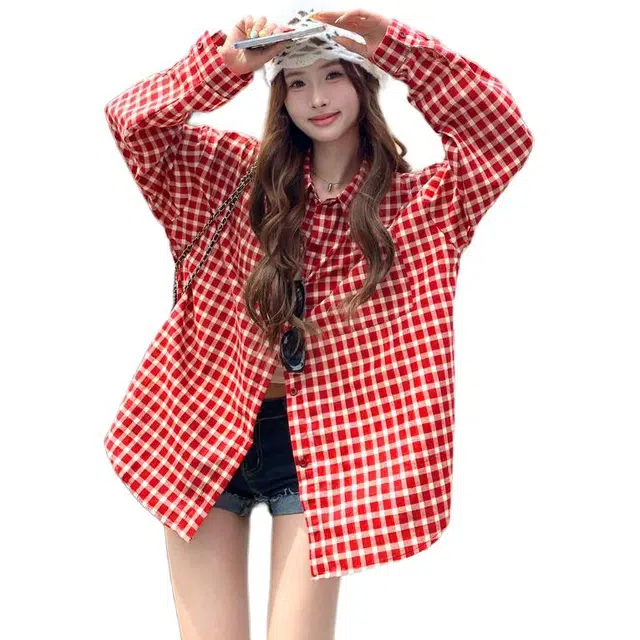么宁 韩系风格格子防晒衣外套显白慵懒宽松女显瘦休闲时尚百搭舒适衬衫 女款
