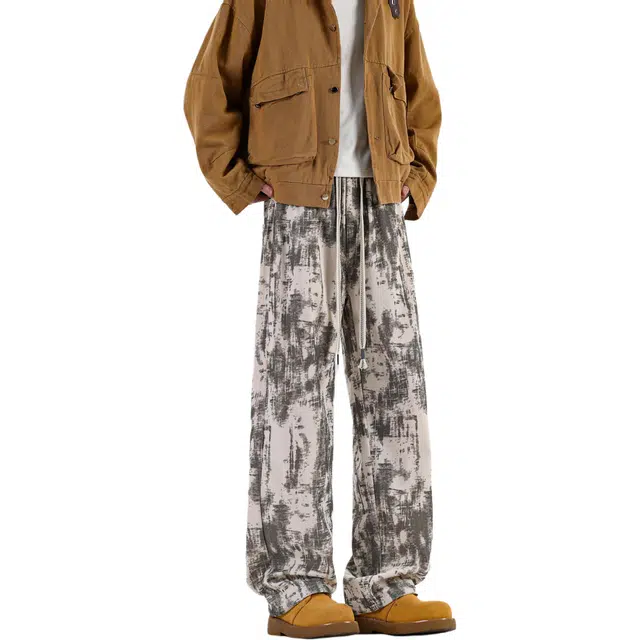 空白町 简约百搭日系宽松阔腿长裤子扎染脏脏垂感高级感基础款学院高街潮流系带休闲裤 男女同款