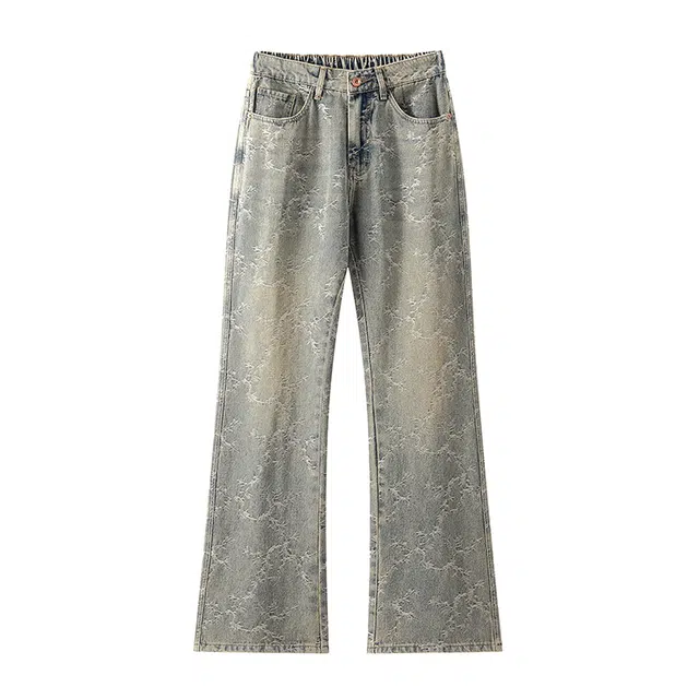 华夏儿女 秋冬季男女同款美式高街潮流宽松休闲提花微喇潮牌直筒牛仔裤 男款