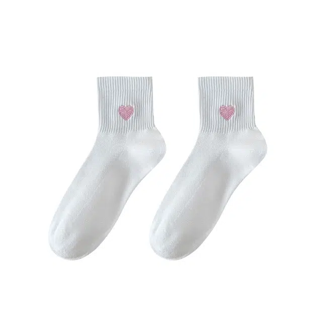 兰缪 春夏季薄款透气短袜子女士可爱爱心刺绣柔软亲肤百搭中筒袜 女款 礼袋五双装