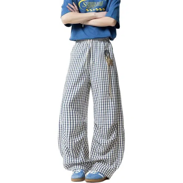 洞洞拐 小众设计感星星挂饰裤子夏季格子直筒裤女垂感慵懒休闲裤 男女同款