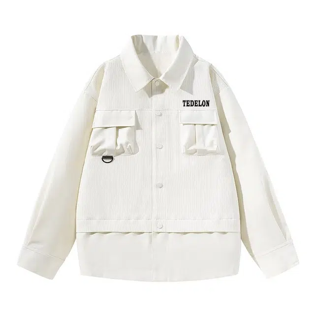 太子龍 美式复古高街基础款学院风翻领工装口袋假两件潮流潮牌宽松上衣时尚百搭舒适透气高级感外套夹克 男款