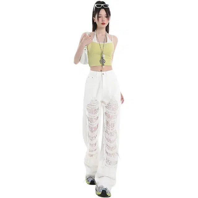 拾籍 美式风格简约休闲破洞蕾丝时尚潮流显瘦显腿长高腰设计个性宽松直筒拖地子牛仔裤 女款