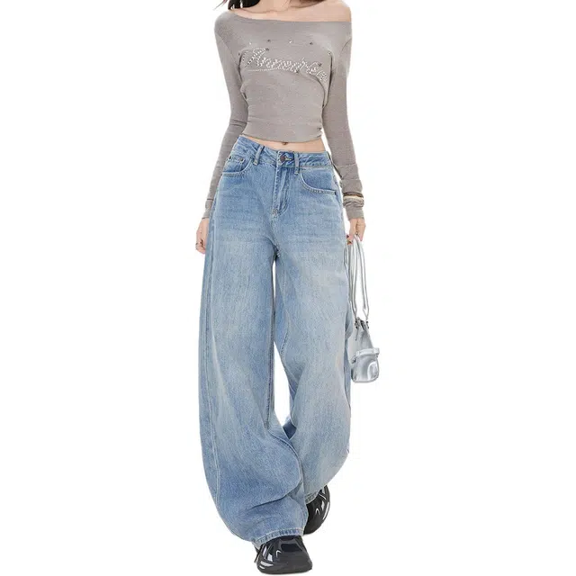 拾籍 简约通勤复古水洗宽松女时尚百搭垂感减龄高腰阔腿裤牛仔裤 女款