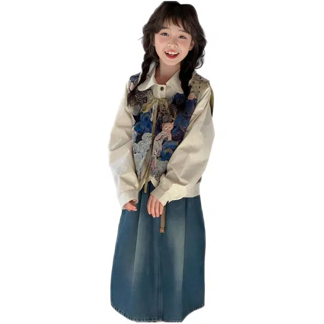 天才小熊休闲运动套装 女童春秋季复古缎面大童潮牌小孩衣服 小女孩长袖洋气时髦 舒适帅气轻便