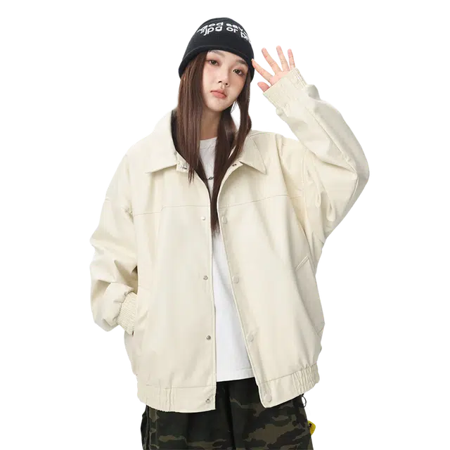 美式高街宽松皮翻领开衫机车情侣百搭休闲外套皮衣 男女同款