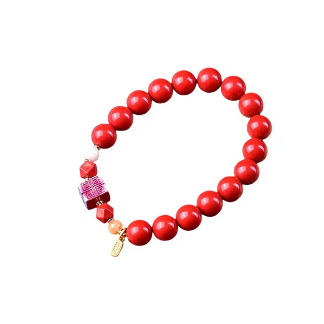 茂琼 好运 时尚精品彩绘回纹方珠高含量设计高档高级感 朱砂 手串 男女同款情侣款