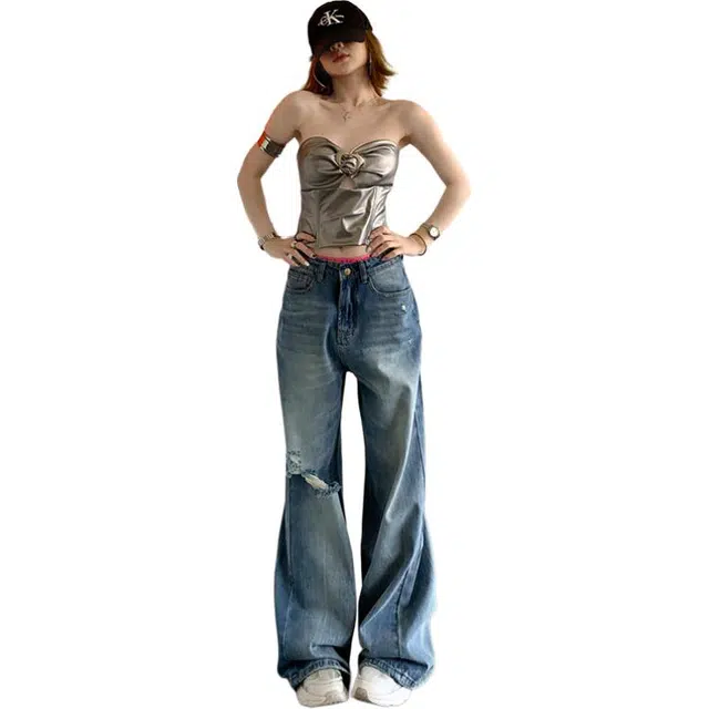 拾籍 美式街头舒适复古简约高级破洞设计宽松阔腿百搭显瘦牛仔裤 女款