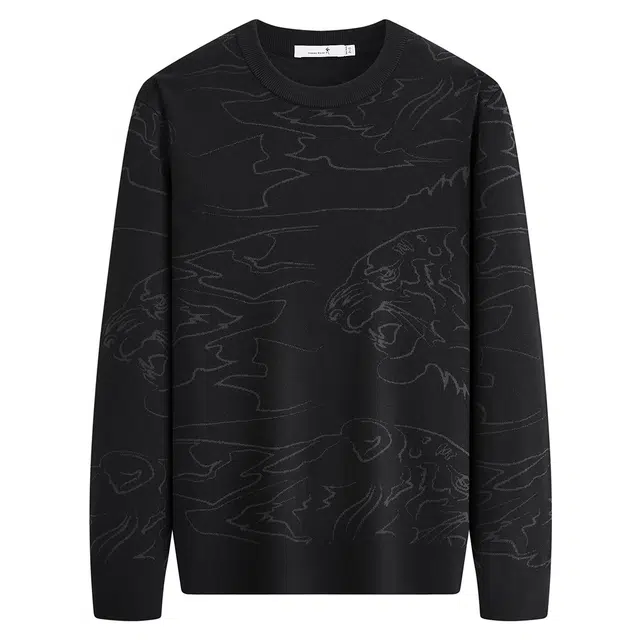 与狼共舞 羊毛时尚虎纹满印高街超柔软保暖亲肤舒适圆领针织毛衣 男款