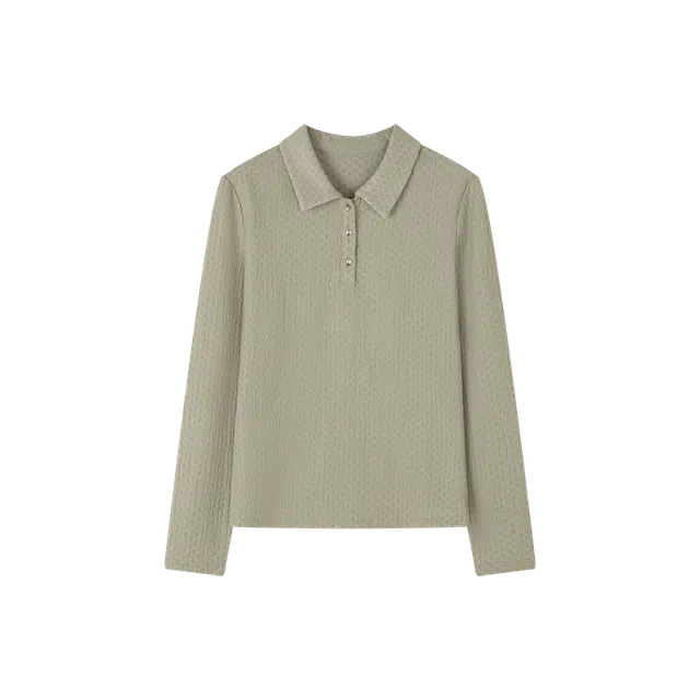 沫晗依美 肌理感针织纯色常规长袖翻领休闲日常便服宽松腰衬衫 女款