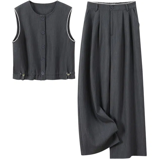 她池 圆领单排扣马夹搭阔腿高腰裤休闲套装 女款