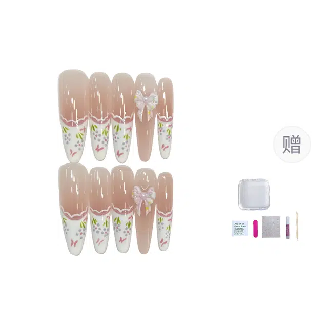 几多萌 【花海】穿戴甲手作高级感百搭手绘裙边法式美甲  长款裸粉色晕染