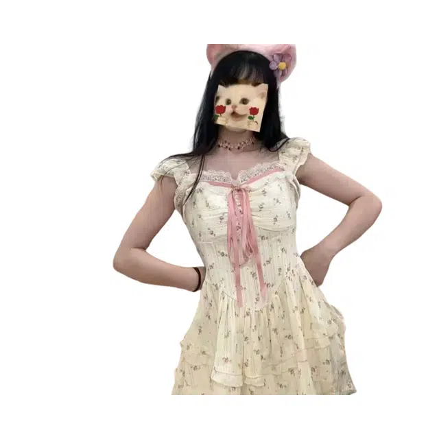 望莱仕 爆款甜美碎花方领系带夏季小飞袖小个子蛋糕显瘦气质高级感 短袖连衣裙 女款