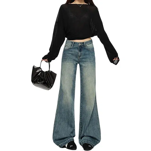 如续 如续美式复古不贴腿喇叭裤百搭宽松显瘦微喇裤拖地裤牛仔裤 女款