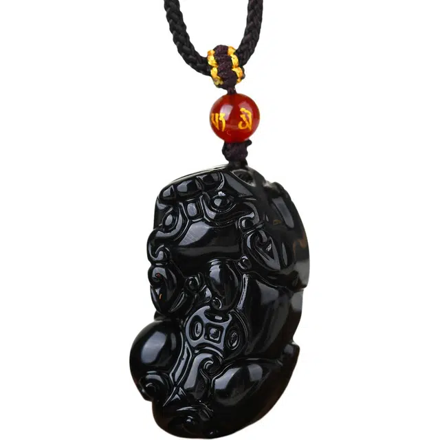 石缘聚 铜钱貔貅如意霸气雕刻发彩绳挂坠#好运 黑曜石 项链 男女同款情侣款