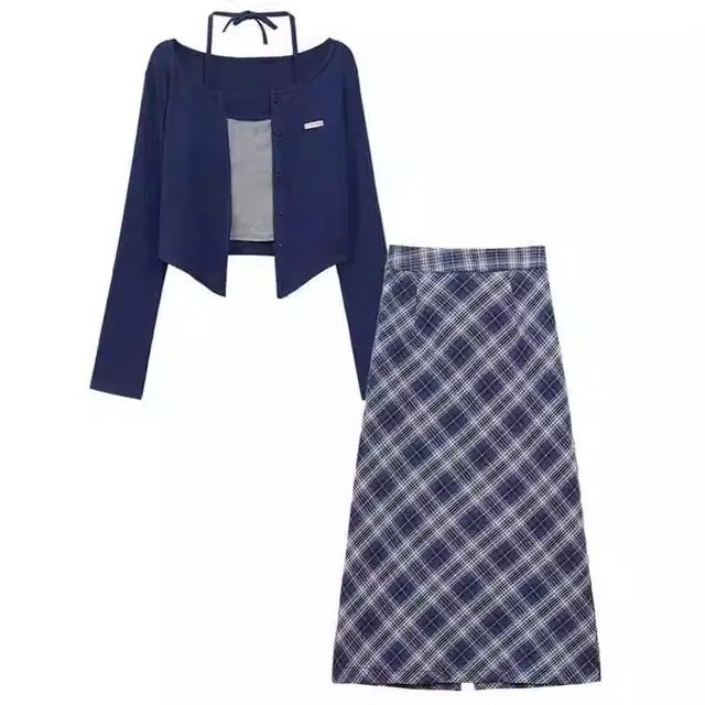 海獭 韩系时尚洋气独特格子鱼尾开衩半身长裙裙装套装女两件 女款