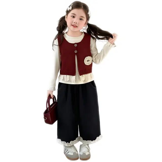 天才小熊休闲运动套装 女童春秋季毛衣马甲大童潮牌小孩衣服 小女孩长袖洋气时髦 舒适帅气轻便