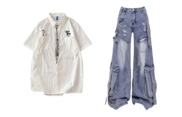 梓润格 创意设计感领带涂鸦短袖夏季趣味半袖开衫衬衣美式复古解构飘带重工水洗破洞百搭阔腿裤衬衫套装 男女同款