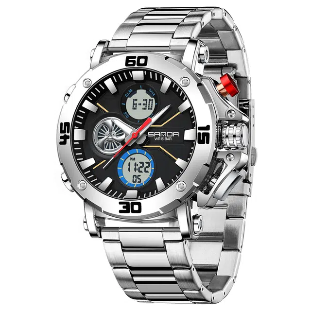 三达 时尚潮流男士双显示学生腕表 电子+石英机芯 钢表带 国表 男表 黑色表盘 防水